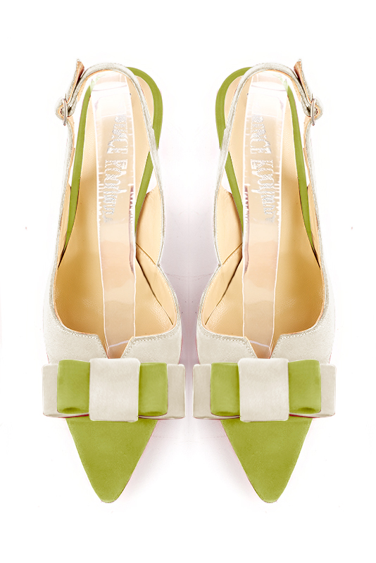 Pistachio green and off white women's open back shoes, with a knot. Tapered toe. High kitten heels. Top view - Florence KOOIJMAN